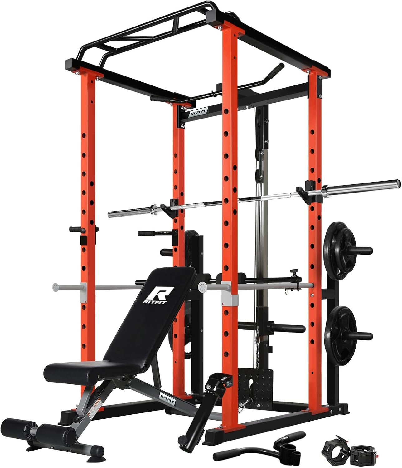 Squat Rack Power Cage Home Gym Package, Includes 1000LBS Power Rack with LAT Pull Down, Weight Bench, Rubber/Bumper Plates Set with Olympic Barbell (Package 1.2K (Rubber Plate 140Lbs))-Orange