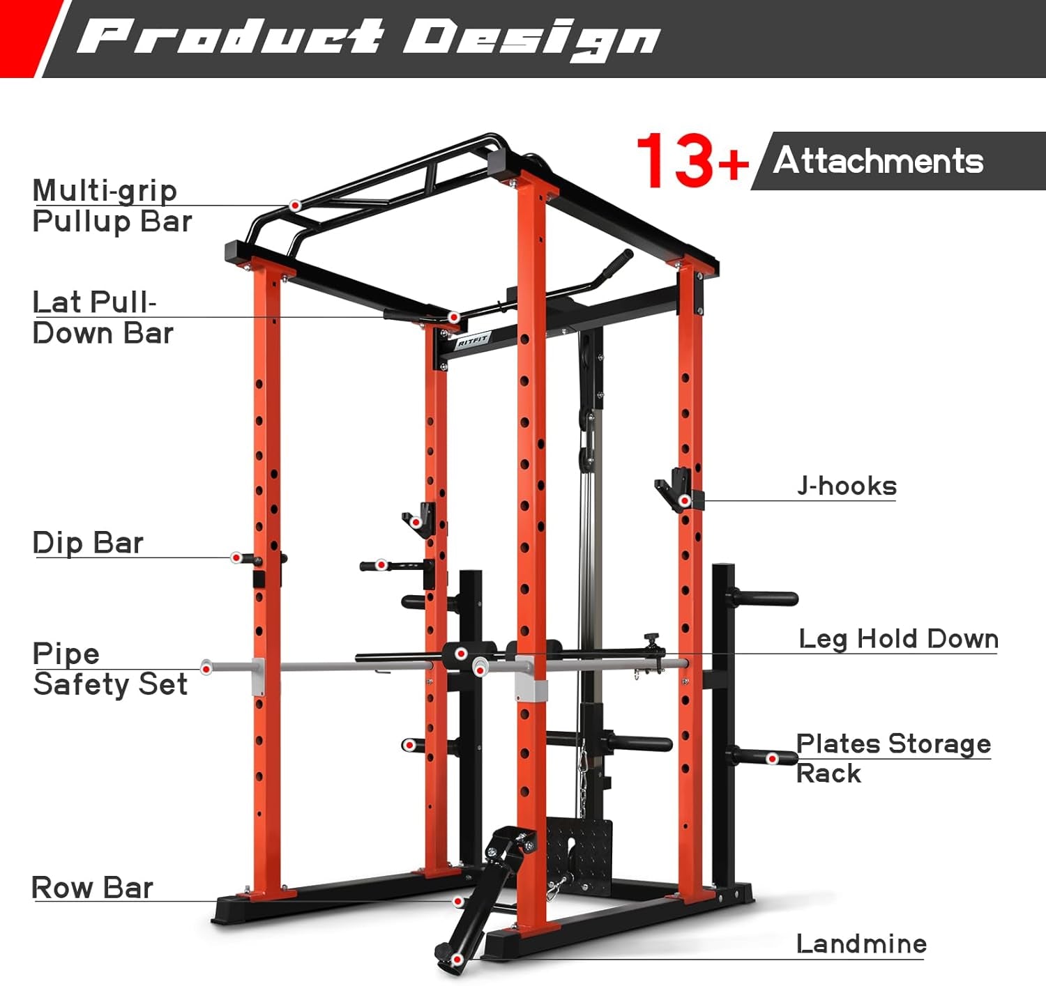 Squat Rack Power Cage Home Gym Package, Includes 1000LBS Power Rack with LAT Pull Down, Weight Bench, Rubber/Bumper Plates Set with Olympic Barbell (Package 1.2K (Rubber Plate 140Lbs))-Orange